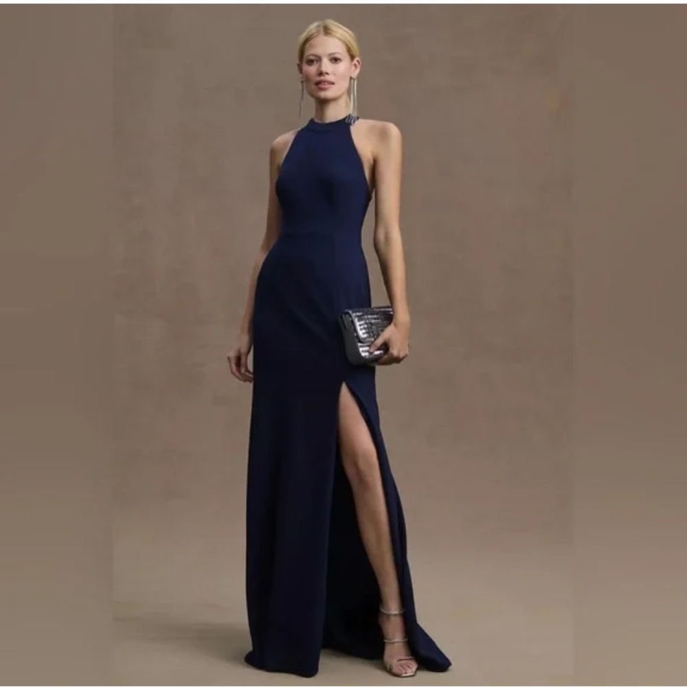 BHLDN Lennox Halter Open-Back Side Slit Stretch Crepe Navy Blue‎ Gown Size 8